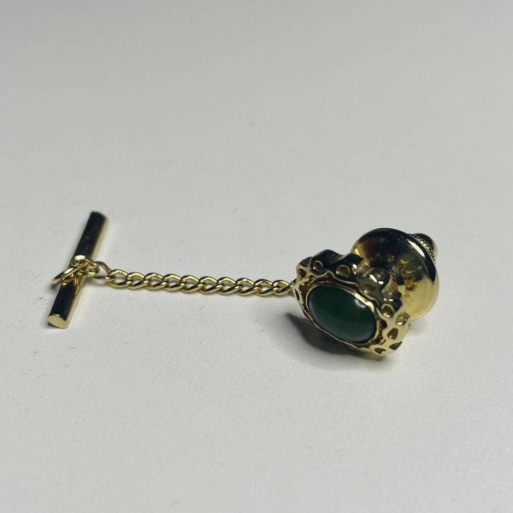 60s Gold Tone Tie Tack with Green Stone